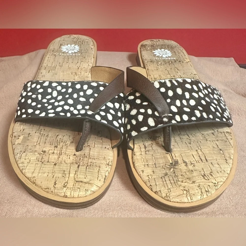 Yellow Box Flat Slip On T Strap Leather Sandals Cheetah Print Women’s Size 9 - Picture 7 of 14